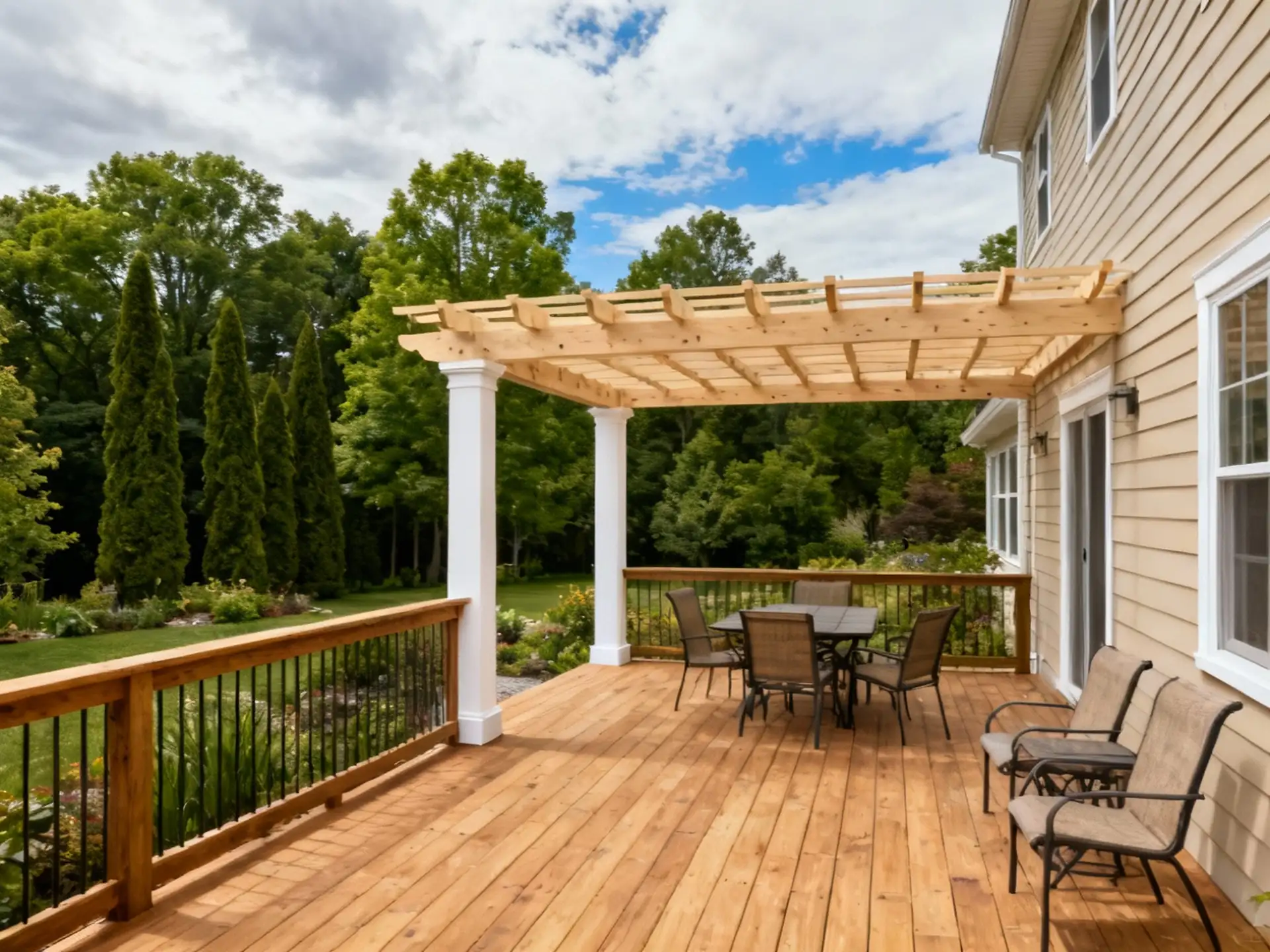 pergola cost cincinnati Backyard wood deck with timber pergola supported by white columns, outdoor dining table and chairs, and beige house siding